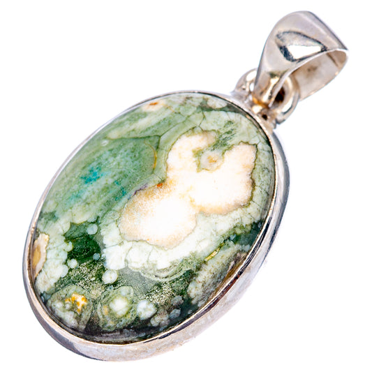 Sterling silver jasper pendant with oval green-and-cream stone, top bail detail