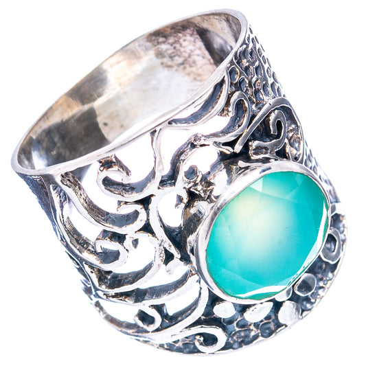 Aqua chalcedony .925 sterling silver ring with raised round bezel and filigree sides