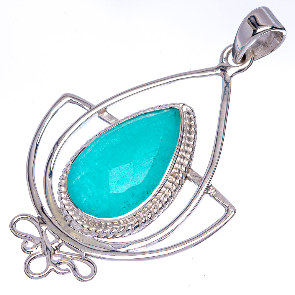 Ornate 925 silver amazonite teardrop pendant with curled wire frame and loop bail