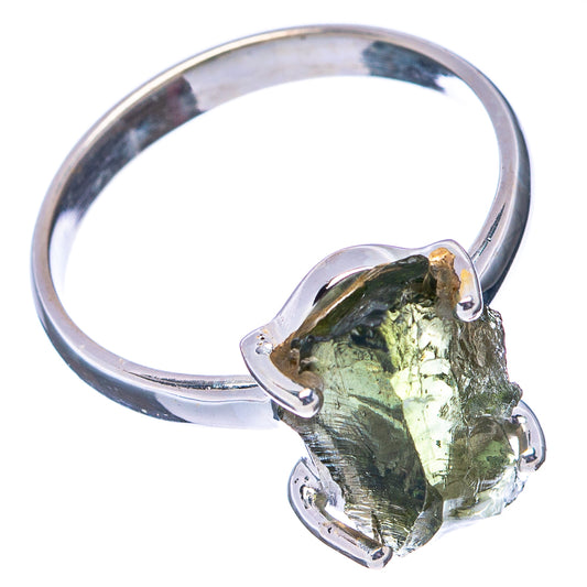 925 sterling silver ring with rough green moldavite crystal, side prong view