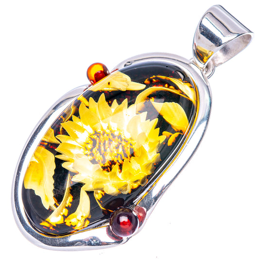 Amber Intaglio Sunflower Pendant 1 7/8" (925 Sterling Silver) P42578