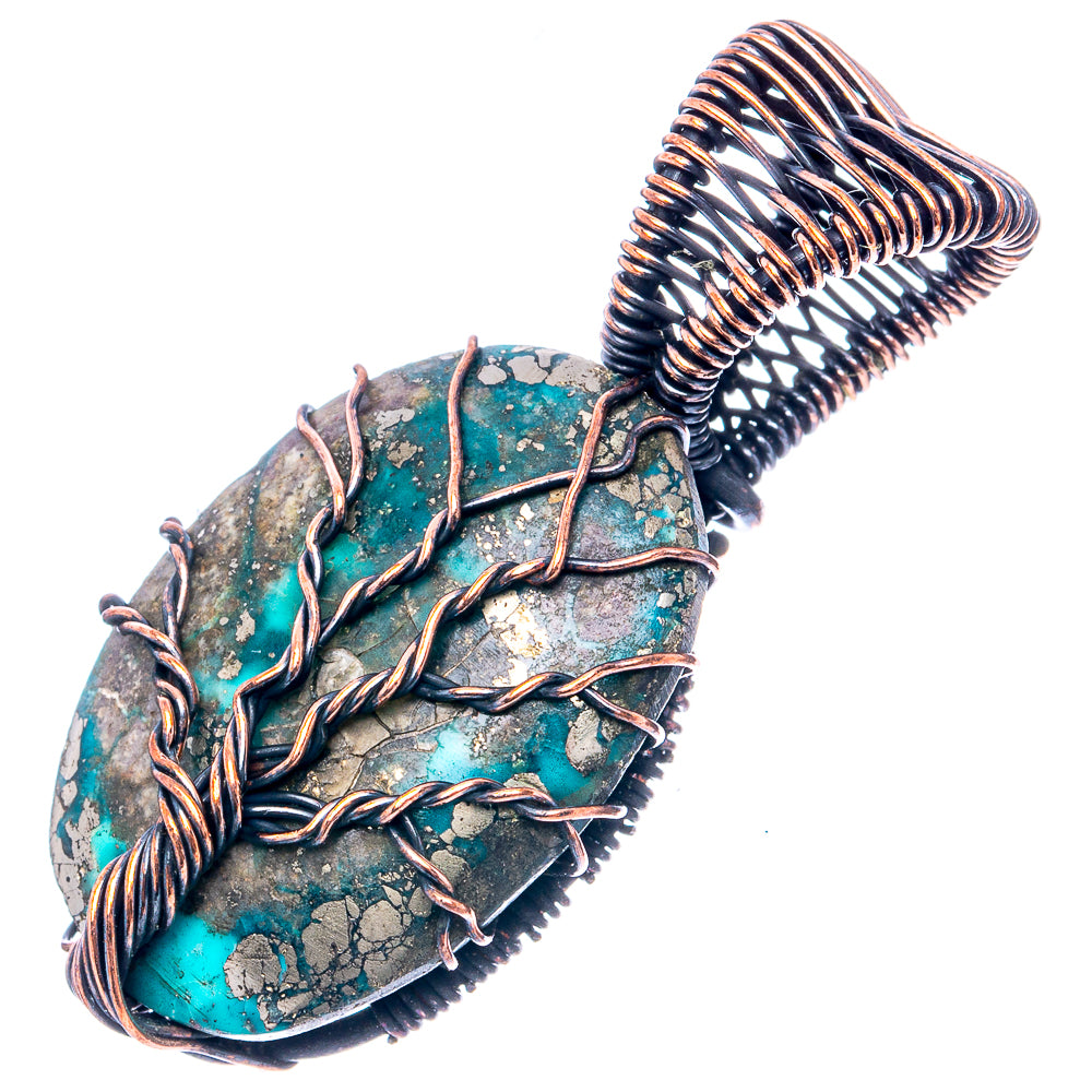 Oval turquoise stone pendant with oxidized copper wire wrap and ribbed top bail