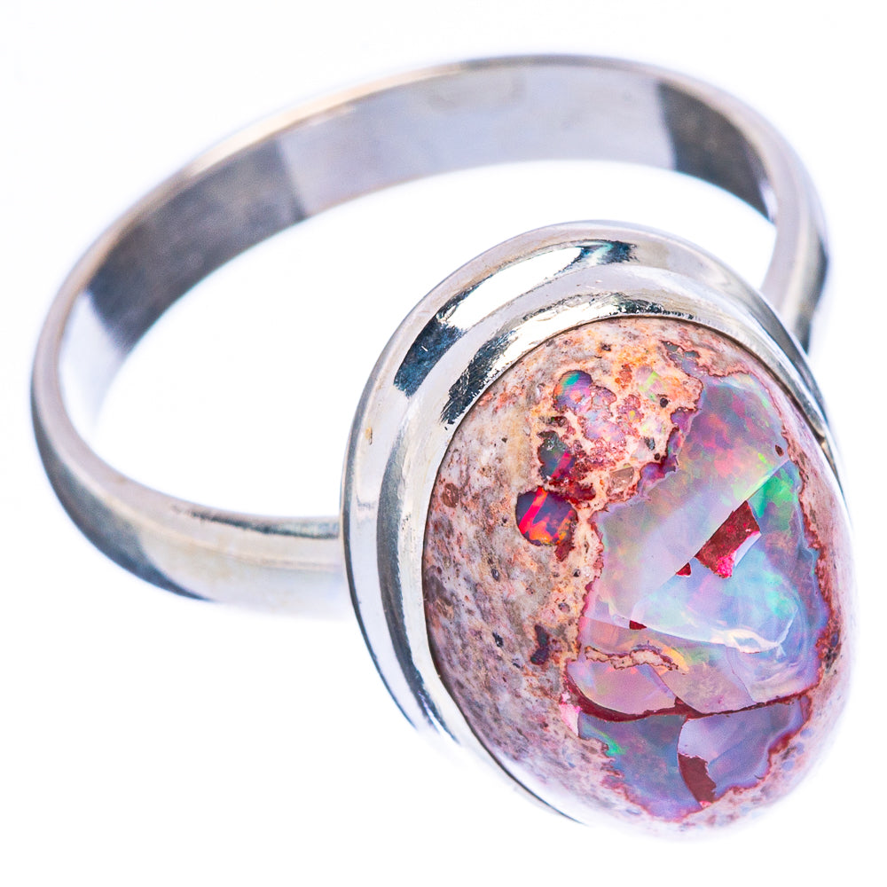 Sterling silver fire opal ring with oval multicolor stone, open-band view
