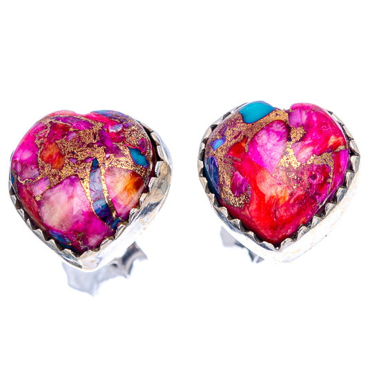 Sterling silver heart stud earrings with vivid magenta and blue resin swirl