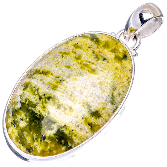 Oval lizardite pendant in .925 sterling silver bezel with bail, full view