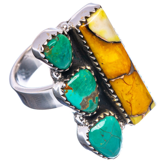 Sterling silver adjustable ring featuring three green oval turquoise stones and yellow insets