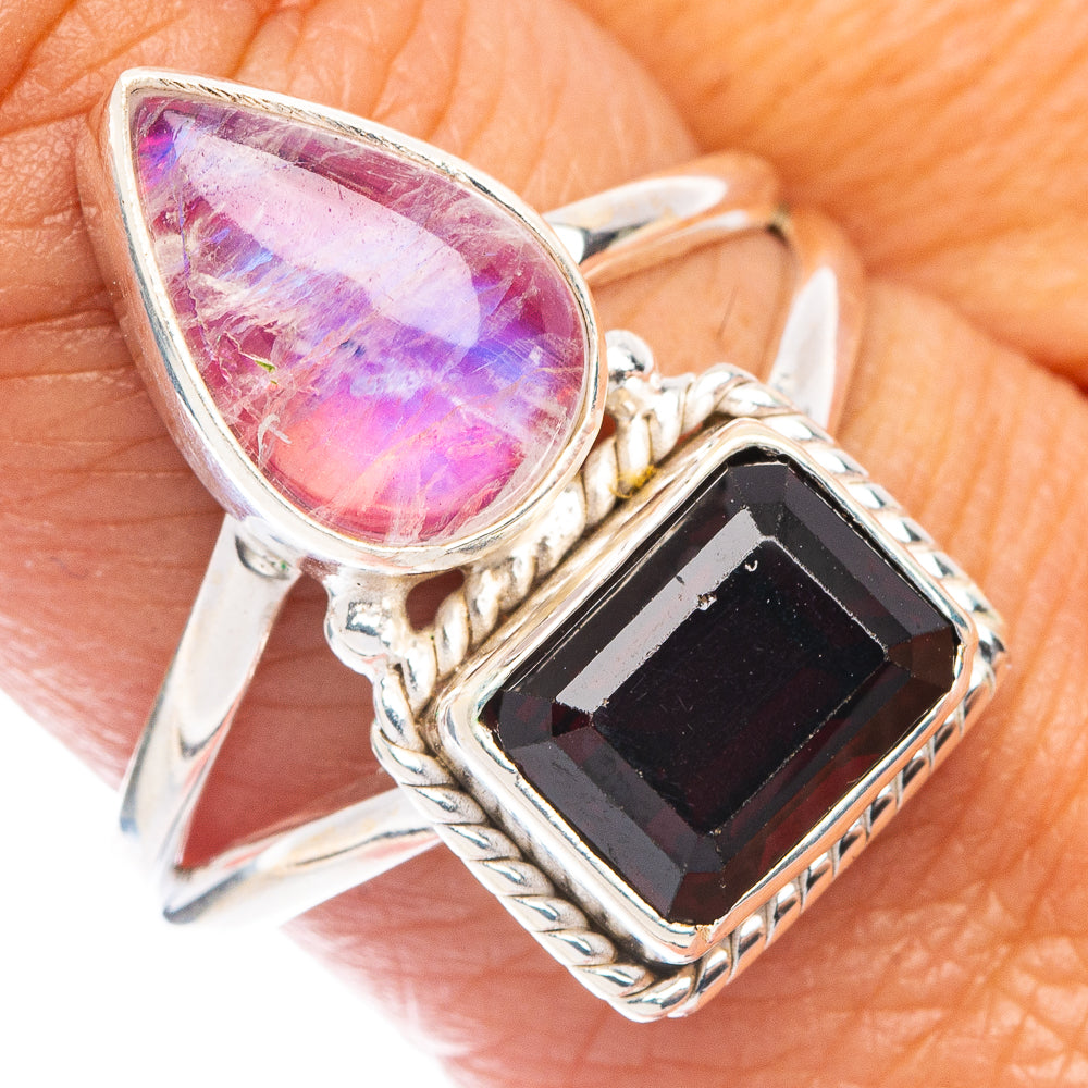 Pink Moonstone, Black Onyx Ring Size 9.5 (925 Sterling Silver) R7052