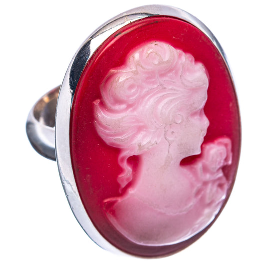 Sterling silver cameo ring, oval face-up red cabochon with raised white profile carving