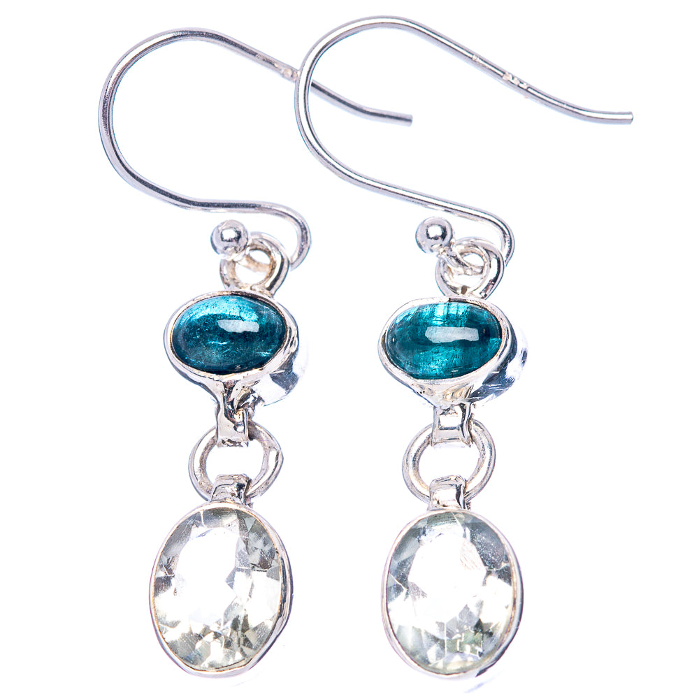Sterling silver drop earrings with teal cabochon and clear faceted oval stones