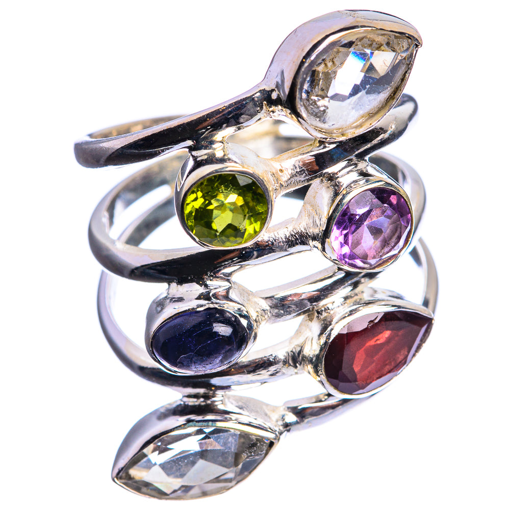 Sterling silver stack-style ring with round purple, yellow, dark blue, red, and clear stones