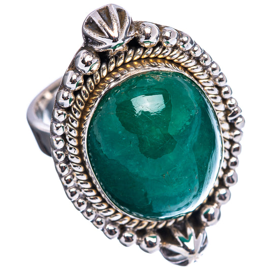 Green oval emerald cabochon ring with .925 sterling silver beaded prong setting