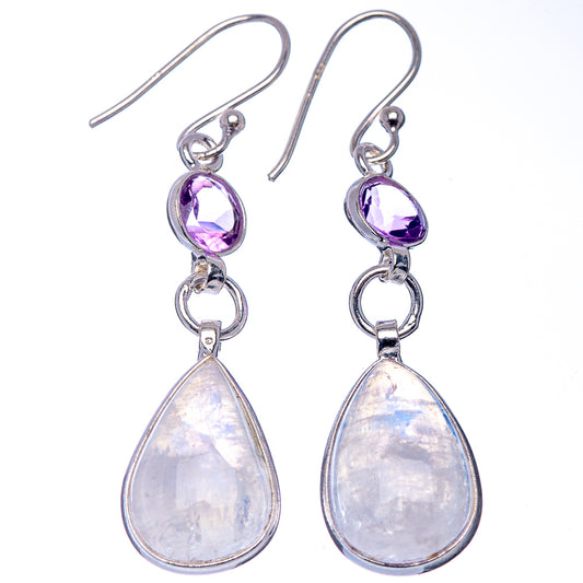 Amethyst and moonstone teardrop earrings, sterling silver hooks with purple top stones