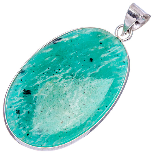 Oval green amazonite stone pendant with silver-tone bezel and attached metal bail