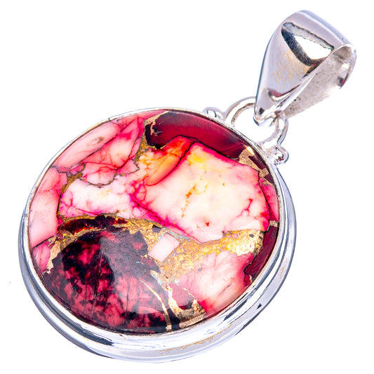 Round sterling silver pendant with marbled red and white stone and gold fleck accents.