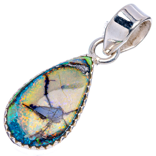 Sterling silver teardrop opal pendant with rainbow blue and gold iridescence, loop bail