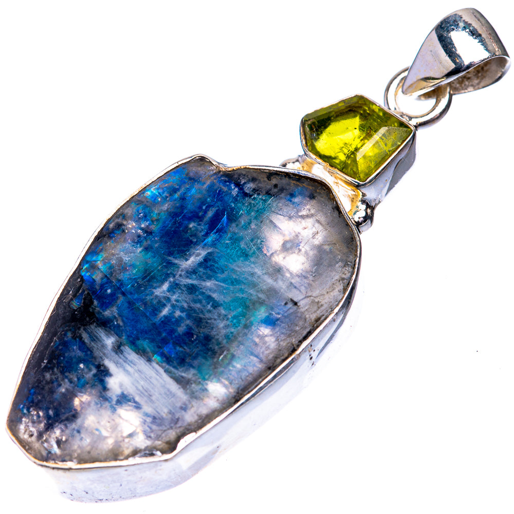 Raw Rainbow Moonstone, Peridot Pendant 2" (925 Sterling Silver) P39299