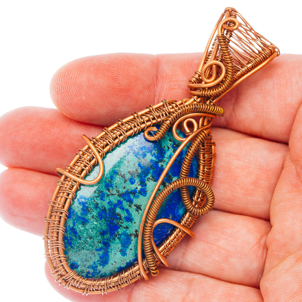 Blue Bird Azurite Wire Wrap Pendant 2 7/8" (Copper)