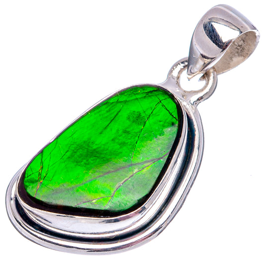 Sterling silver ammolite teardrop pendant with polished bezel and bright green stone