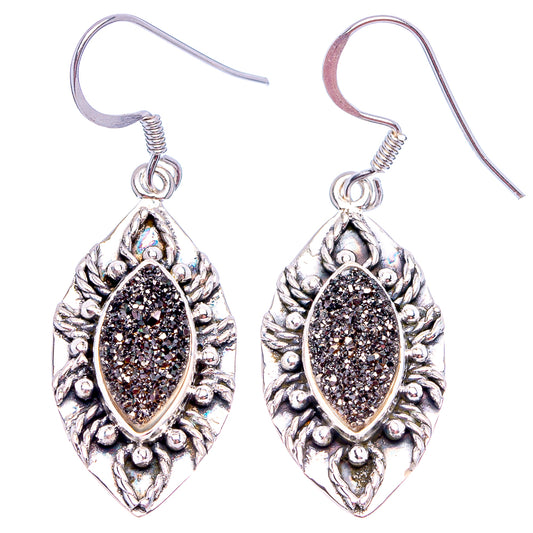 Sterling silver black druzy teardrop earrings with decorative filigree and hooks
