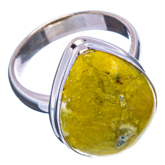 Oval yellow lizardite cabochon sterling silver bezel ring, side angle