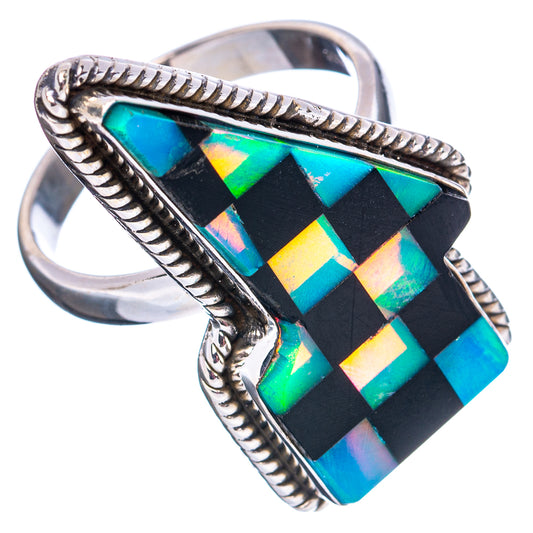 Iridescent checkered lightning-bolt ring in black with silver twisted rope frame