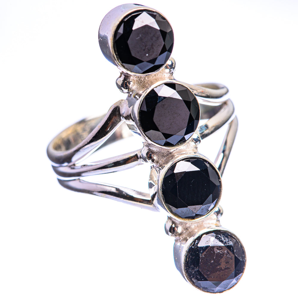 Black onyx multi-stone ring with 4 round dark gems on polished 925 sterling silver, size 6.5
