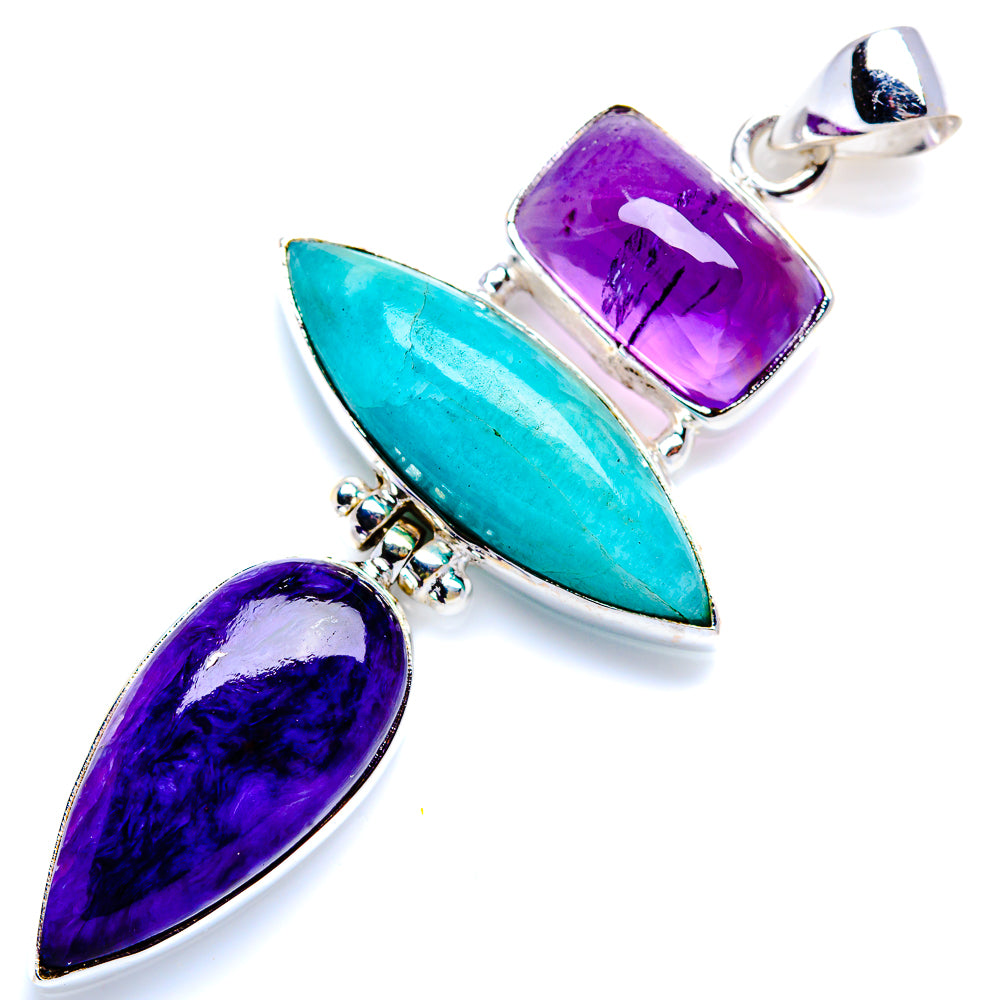 Amazonite, Charoite, Amethyst Pendant 2 1/2" (925 Sterling Silver) PD38211