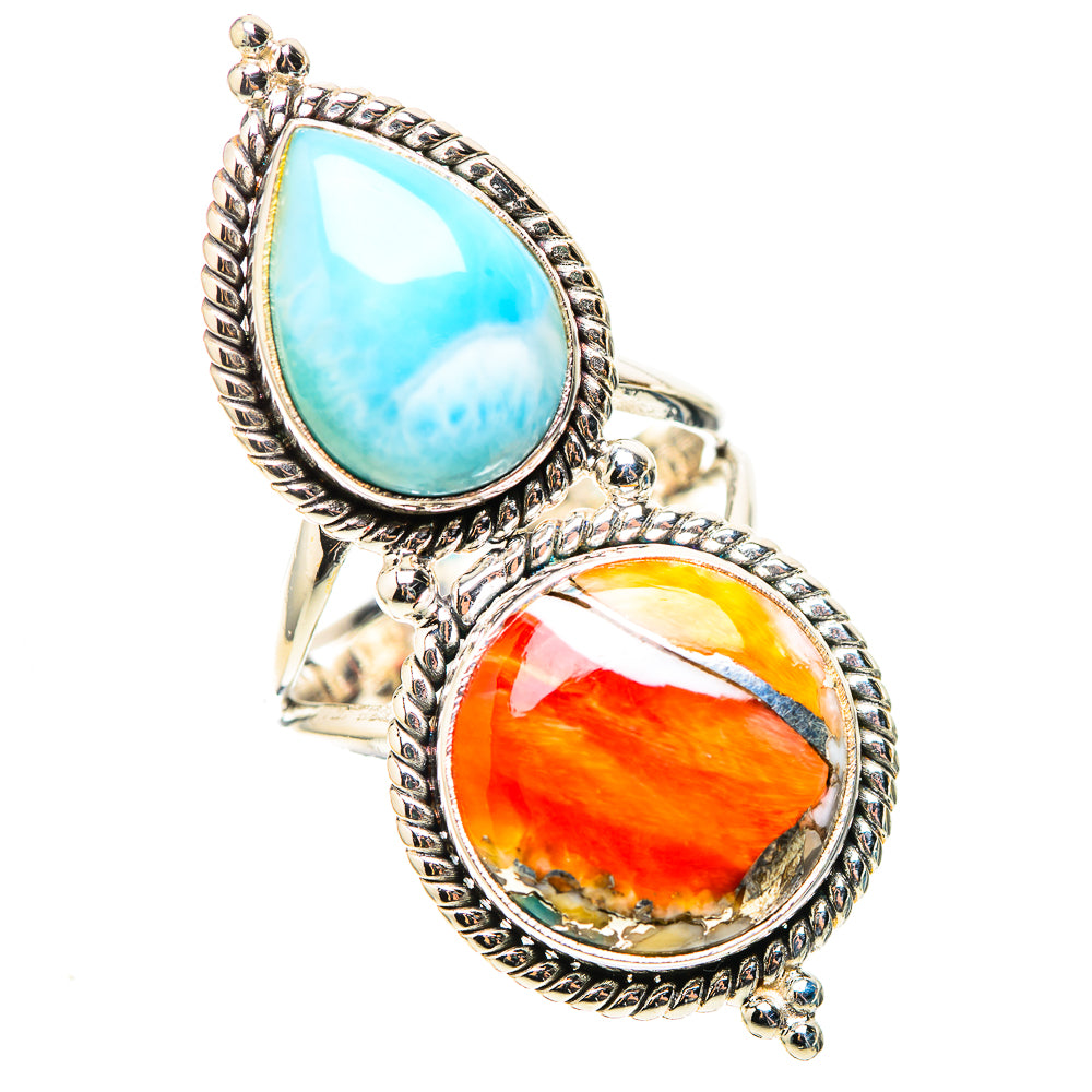 925 sterling silver double-cabochon ring with oval Larimar turquoise and orange spiny oyster
