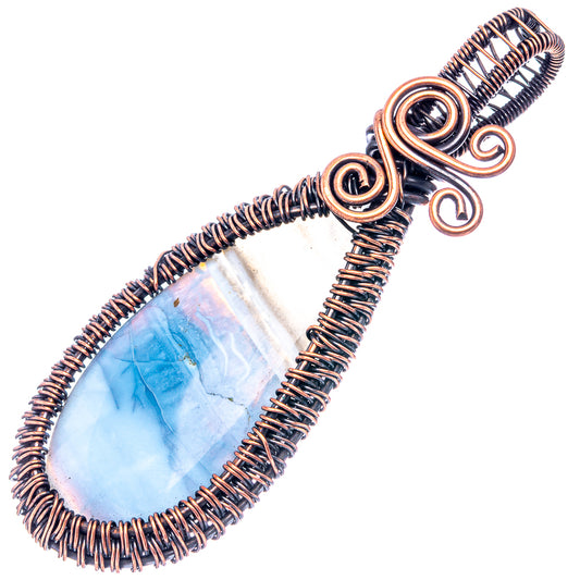 Oxidized copper wire wrap teardrop pendant with blue opal cabochon