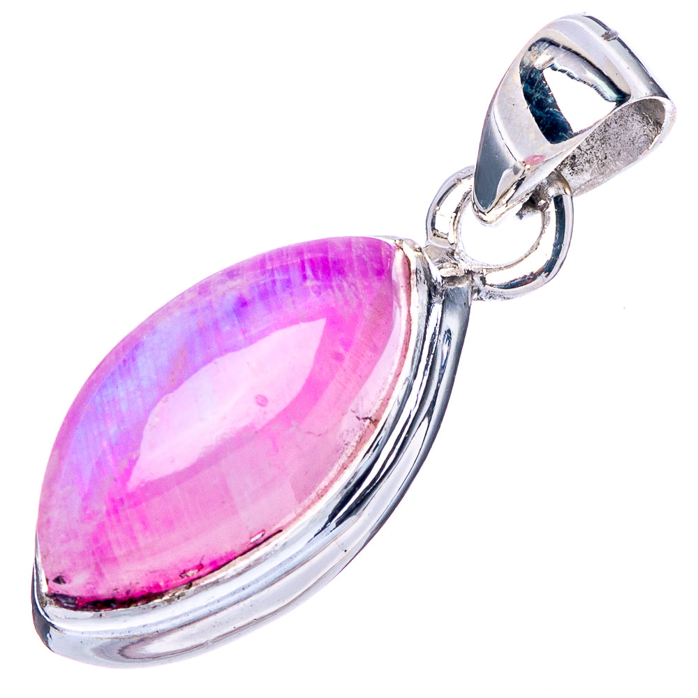 Pink moonstone teardrop pendant in 925 sterling silver with curved bail