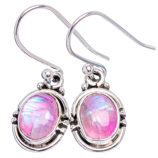 Pink moonstone drop earrings with oval pink stone and .925 sterling silver hooks