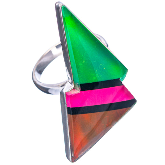 Sterling silver opal bolt ring with layered green and pink triangles on orange base; size 9