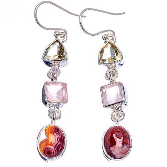 925 sterling silver drop earrings with yellow triangles, pink squares, and oval agate dangles