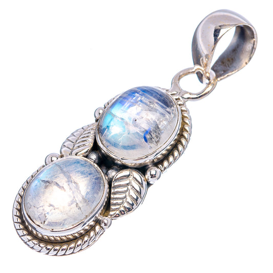 Rainbow moonstone pendant with two oval cabochons, textured silver links, and loop bail