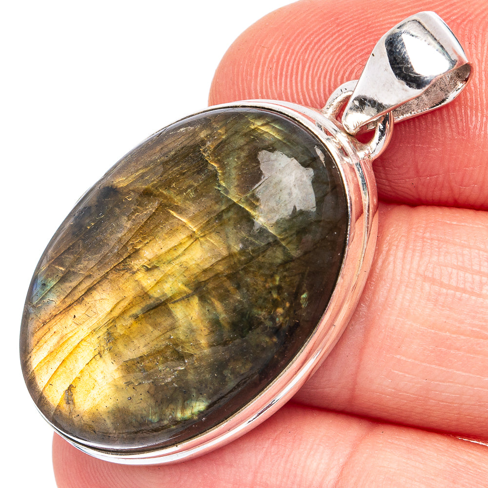 Labradorite oval cabochon pendant, polished 925 sterling silver setting
