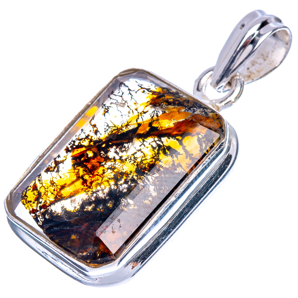 Sterling silver pendant with rectangular amber-brown dendritic agate stone bezel