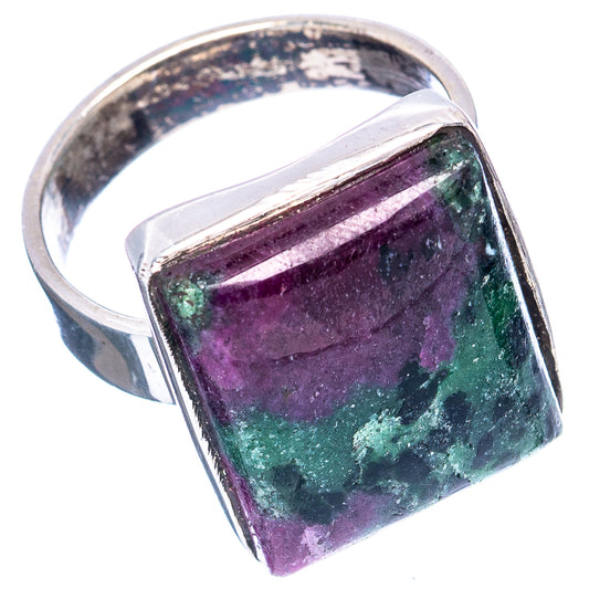 Sterling silver ring with square Ruby Zoisite stone, angled view; purple-green marbled bezel