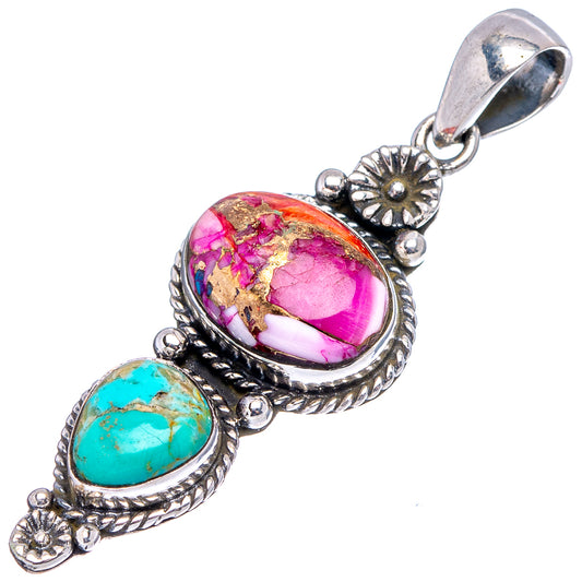 Sterling silver pendant with oval pink and turquoise cabochon stones