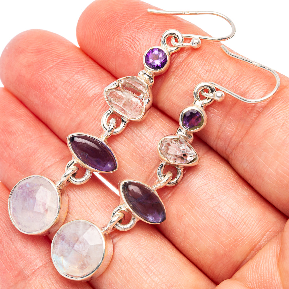 Rainbow Moonstone, Amethyst, Herkimer Diamond Earrings 2 1/4" (925 Sterling Silver) E2383