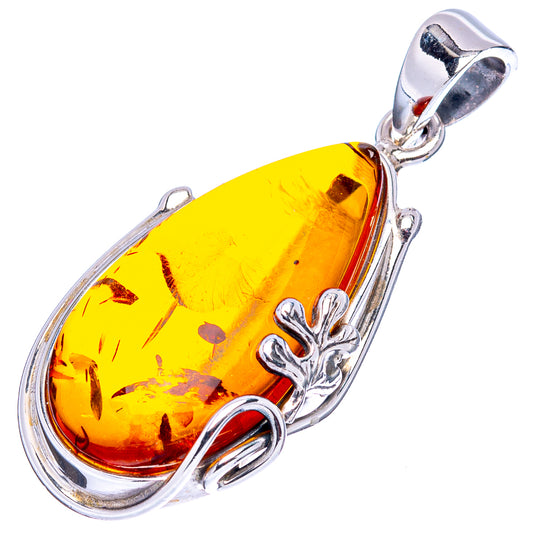 Amber leaf pendant with yellow teardrop stone and .925 sterling silver leaf detail