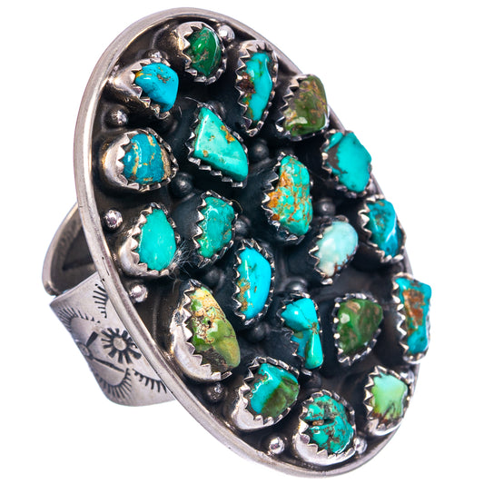 Sterling silver adjustable ring with engraved band and turquoise gemstone inlay
