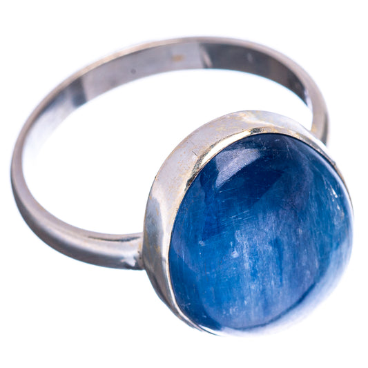 Sterling silver band ring with oval blue kyanite, angled view showing setting