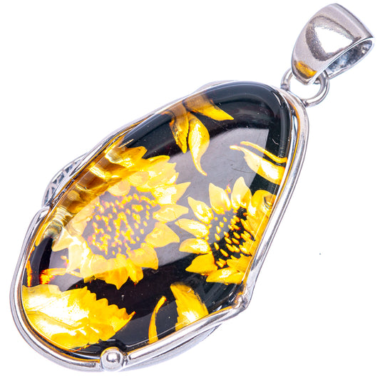 Amber Intaglio Sunflower Pendant 2" (925 Sterling Silver) P42580