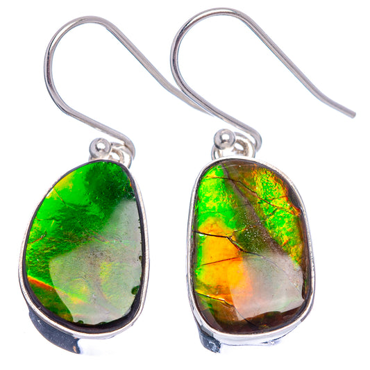 Sterling silver ammolite drop earrings, pear-shaped iridescent green and gold