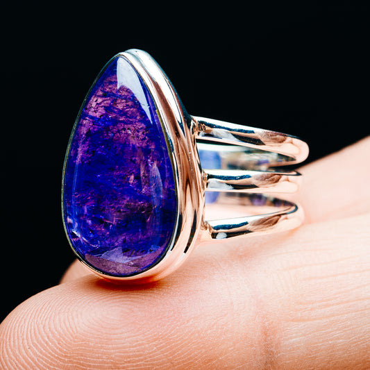 Teardrop tanzanite ring with split shoulders, .925 sterling silver band, blue-purple stone