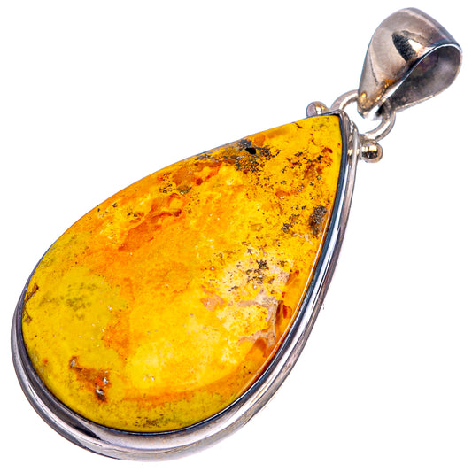 Bumblebee jasper pendant, teardrop yellow speckled stone bezel with silver bail