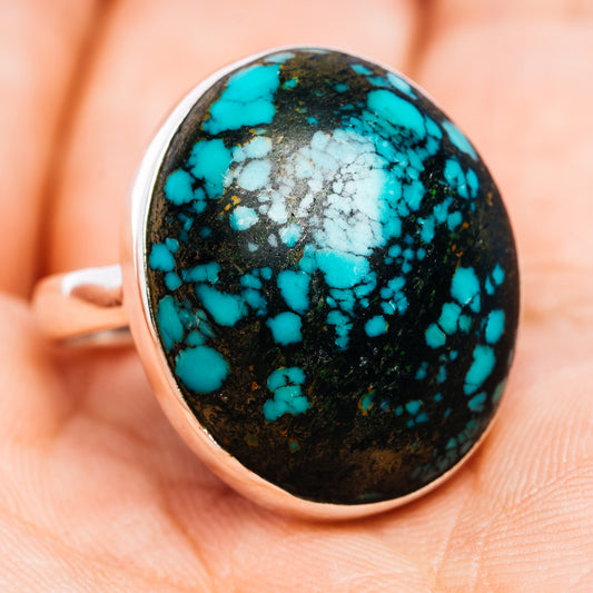 Size 9.5 oval turquoise cabochon sterling silver ring, blue stone with dark speckled matrix