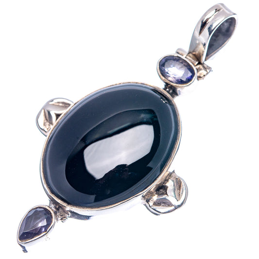 Sterling silver oval black onyx pendant with side iolite stones and top bail