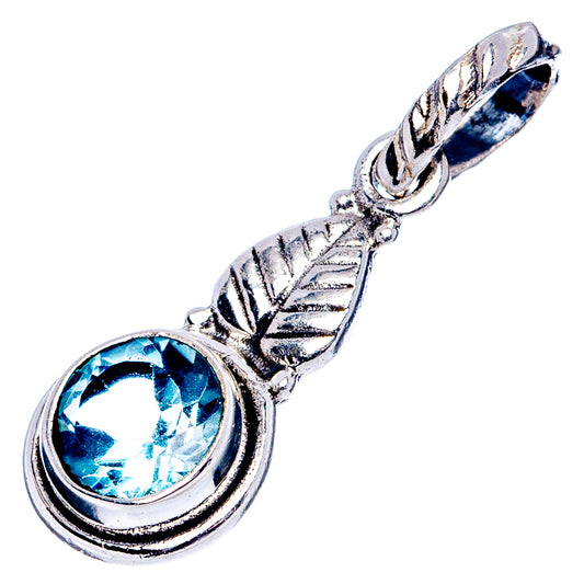 Sterling silver blue topaz teardrop pendant with round stone and ornate leaf bail