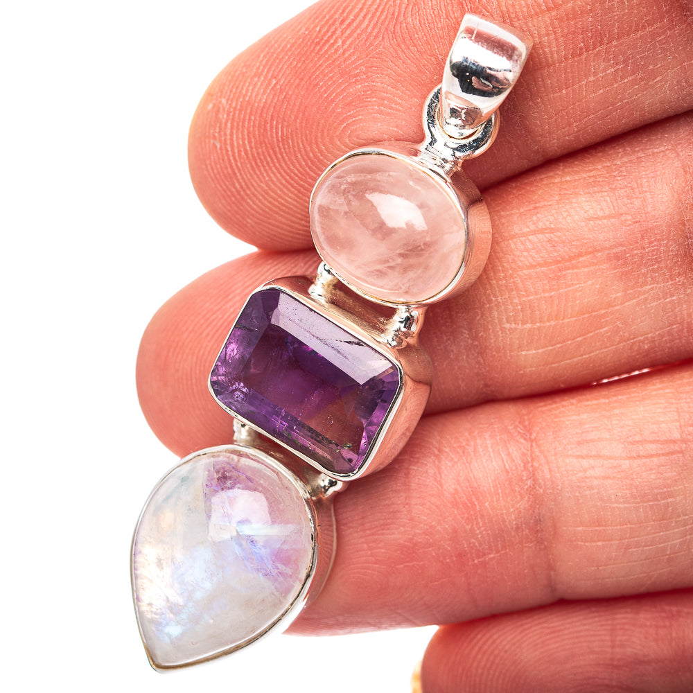 Premium Amethyst, Rainbow Moonstone, Rose Quartz Pendant 1 7/8" (.925 Sterling Silver)